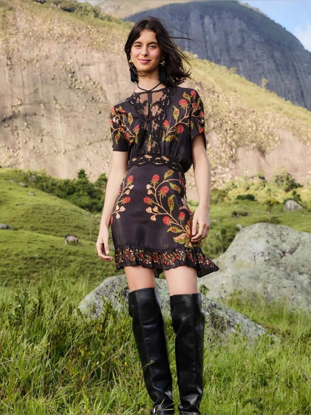 FARM Rio Black Mini Dress with Red Floral